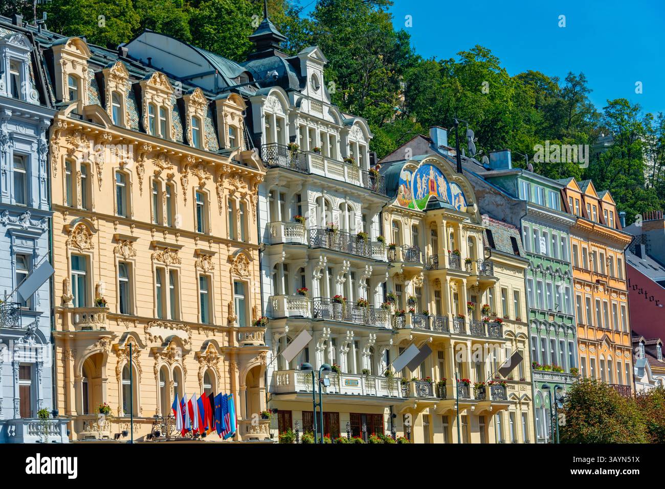 Colourful houses at Karlovy Vary promenade, Czech republic.IMAGE Stock Photo