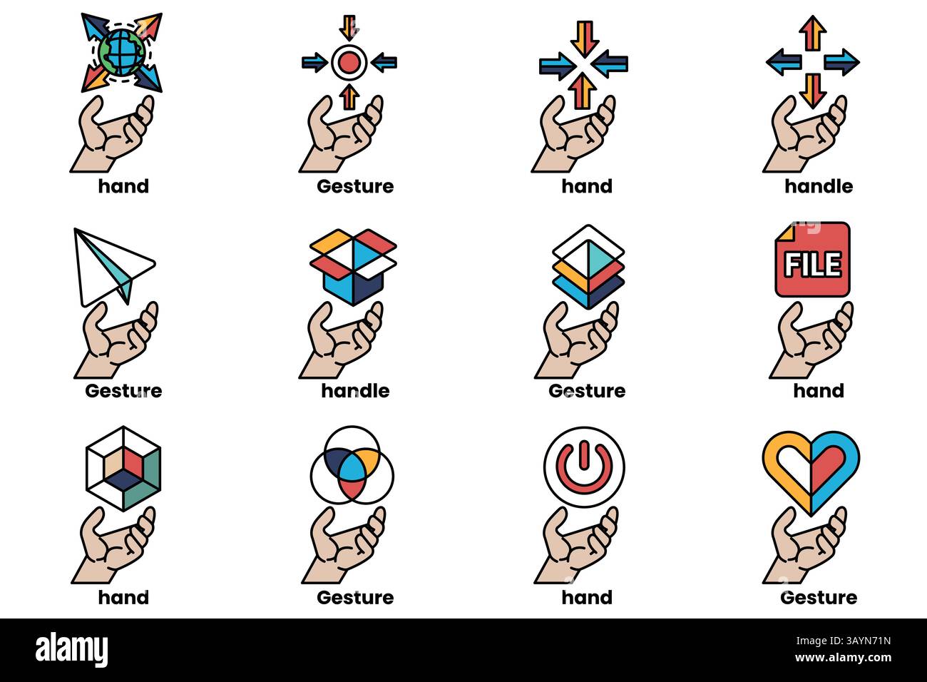 A Set of illustrations of hands and things in line art style Stock Vector
