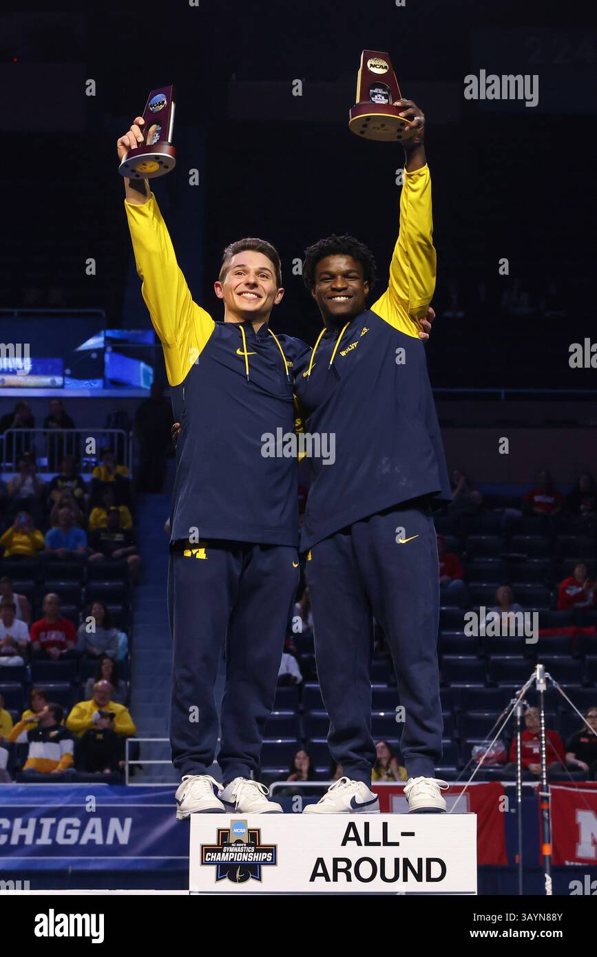 ANN ARBOR, MI - APRIL 19: Michigan gymnast Fred Richard, right, won the ...