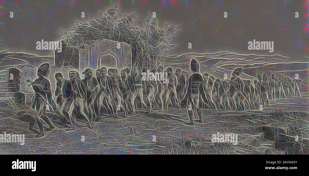 A line of figures stands in a desolate landscape, their outlines sharp and abstract. In the background, a structure looms, partially obscured by an eerie glow, creating a sense of tension and anticipation. The scene evokes a blend of mystery and somber reflection. Turkish Recruits Near Smyrna, November 10, 1837, 1847, Denis Auguste Marie Raffet (French, 1804-1860), printed by Auguste Bry (French, 19th century), published by Chez Gihaut Frères (French, 19th century), France, Lithograph in black on ivory chine laid down on buff wove paper laid down on ivory card, 213 × 425 mm (image), 215 × 426 Stock Photo