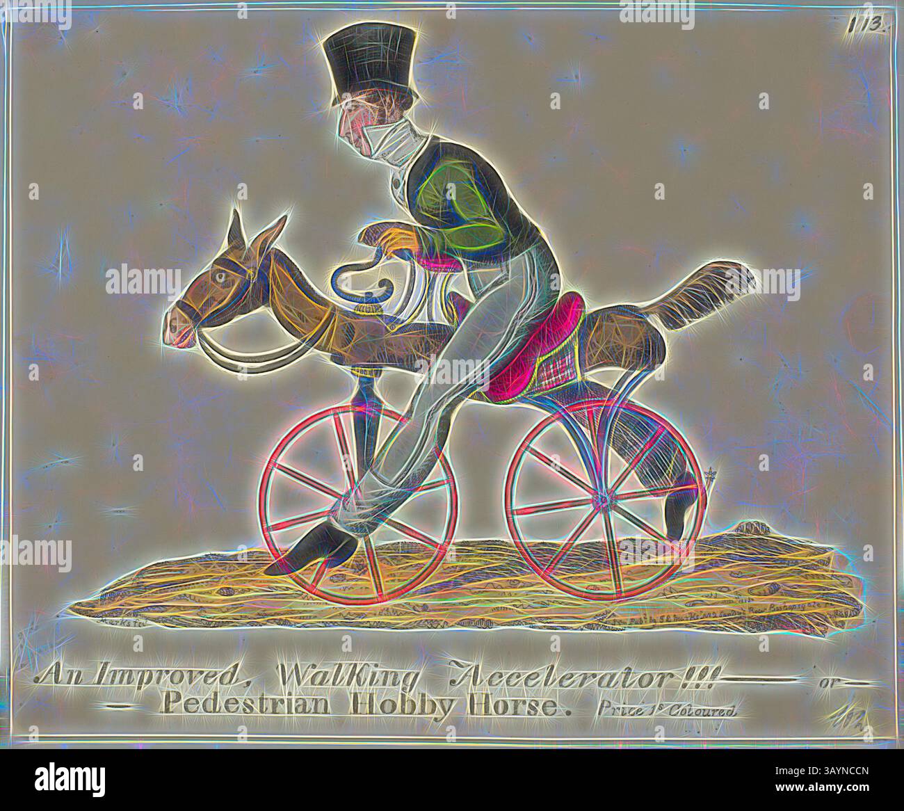 An illustration of a stylishly dressed gentleman riding a whimsical, early bicycle resembling a horse, showcasing a blend of innovation and leisure in transportation. The rider appears focused, embodying the enthusiasm for new technology during the era. Pedestrian Hobby Horse, n.d., J. Lewis Marks, English, 1769-c. 1832, England, Hand-colored etching on cream wove paper, 194 × 242 mm  Classic art with a modern twist reimagined by Artotop Stock Photo