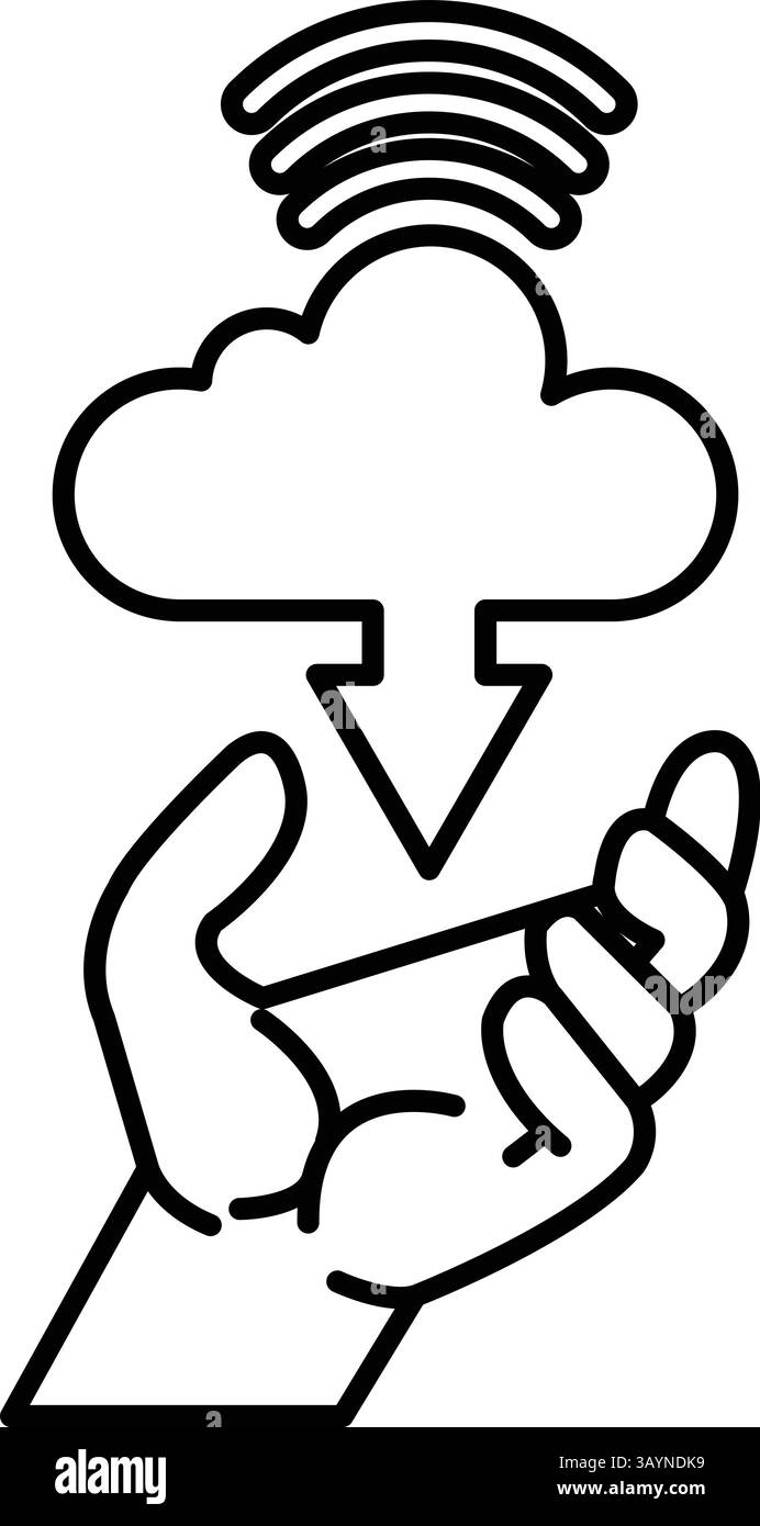 A hand is holding a cloud with a downward arrow pointing to it Stock Vector
