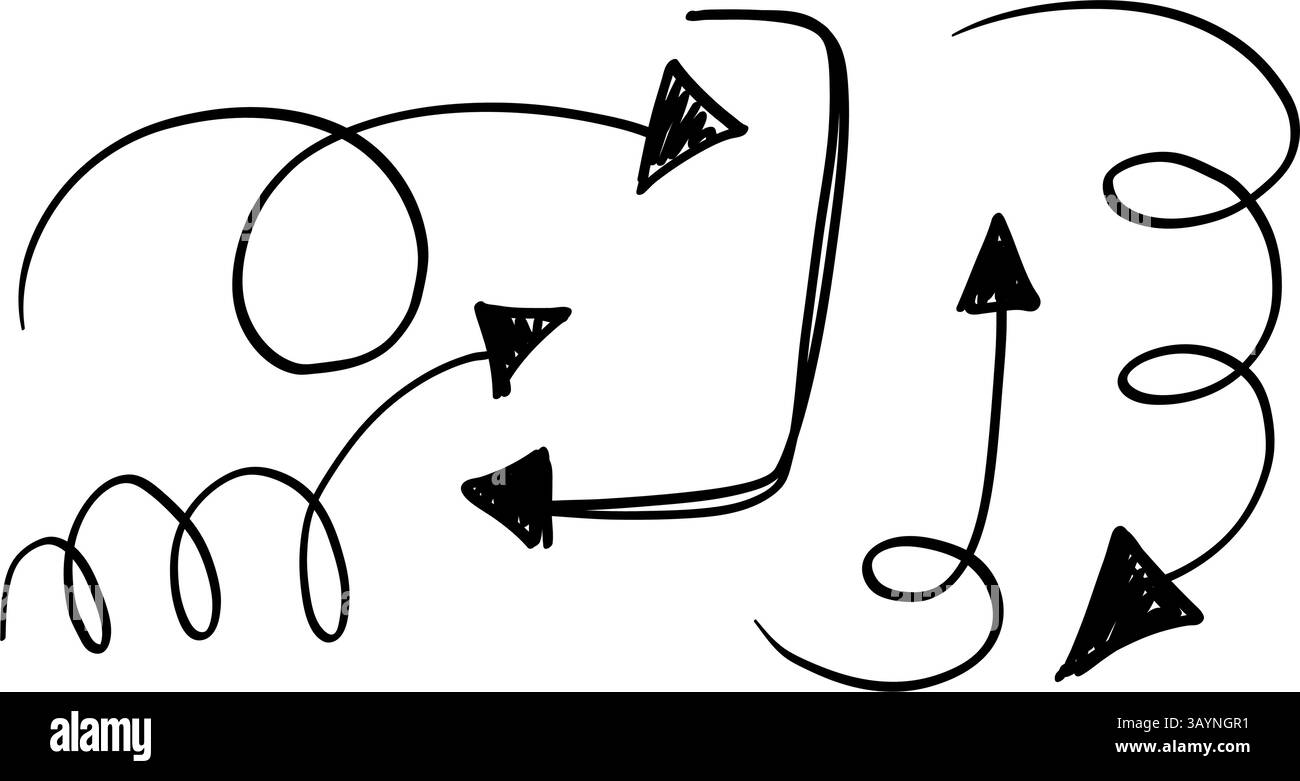 Vector illustration of whimsical hand-drawn arrows with loops and curves in black on white background Stock Vector
