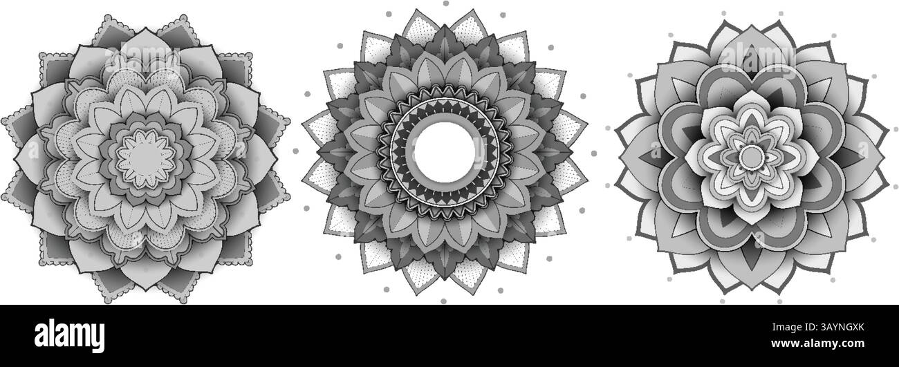Three detailed mandala patterns in grayscale tones Stock Vector