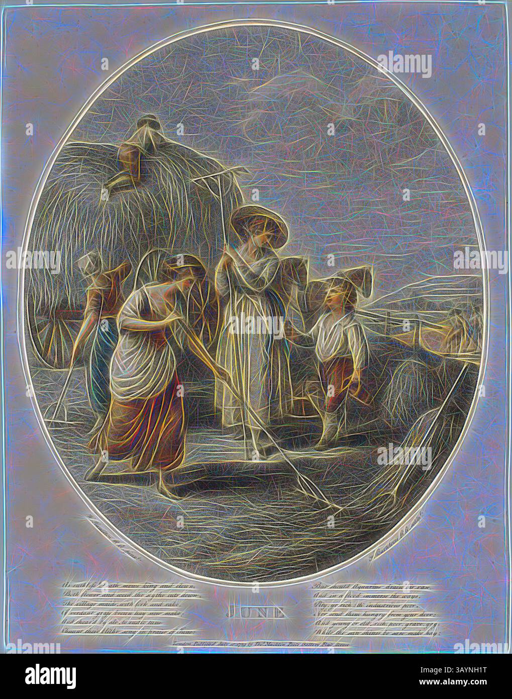 A group of women work together in a rural setting, engaged in agricultural activities. One woman stands at the forefront, gesturing as she interacts with others who are tending to the crops and gathering materials. The scene conveys a sense of community and collaboration in everyday rural life. June, July 10, 1789, Francesco Bartolozzi (Italian, 1727-1815), after William Hamilton (English, 1751-1801), published by John and Josiah Boydell (English, 18th century), Italy, Color stipple engraving on paper, 307 x 254 mm  Classic art with a modern twist reimagined by Artotop Stock Photo
