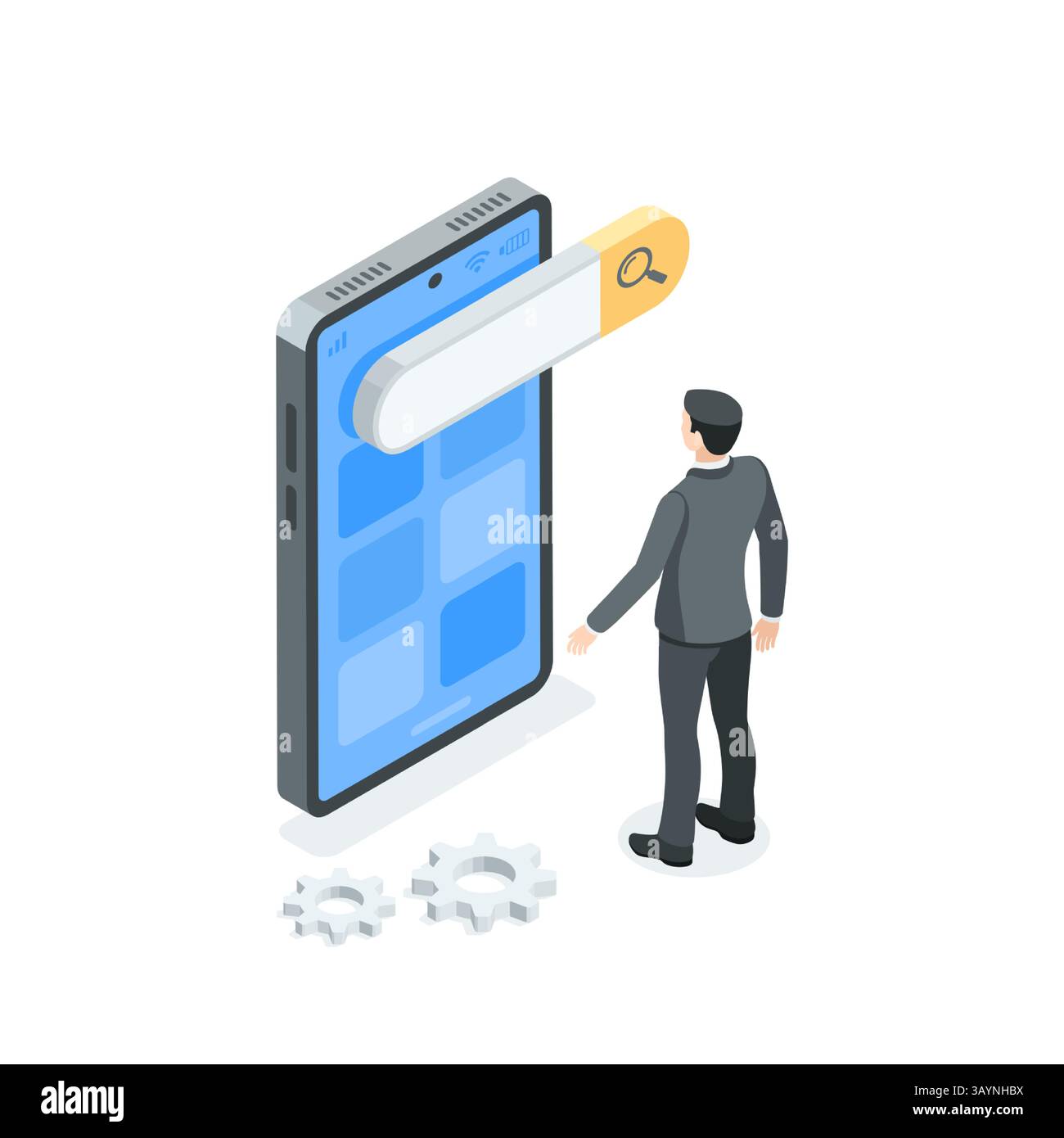 isometric vector business man in suit standing near smartphone with search field on screen, in color on white background, mobile apps or search Stock Vector