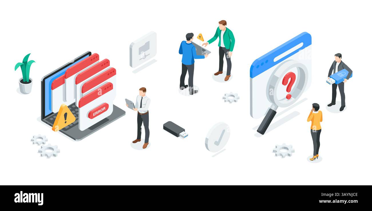 isometric vector concept with people and icons of computer and program ...