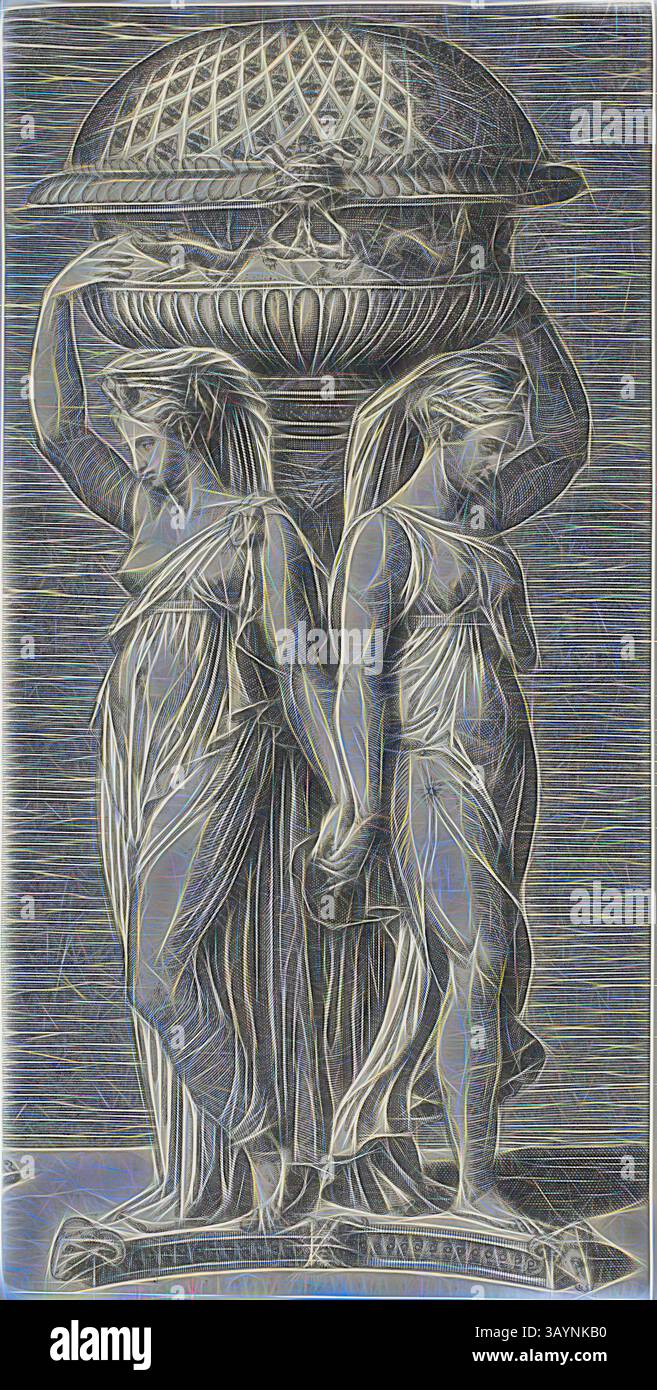Rahael Is One Pattern Two elegantly draped figures stand side by side, each holding aloft a ...