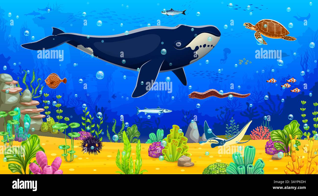 Underwater landscape game background. Cartoon blue whale, seaweeds, sea ...