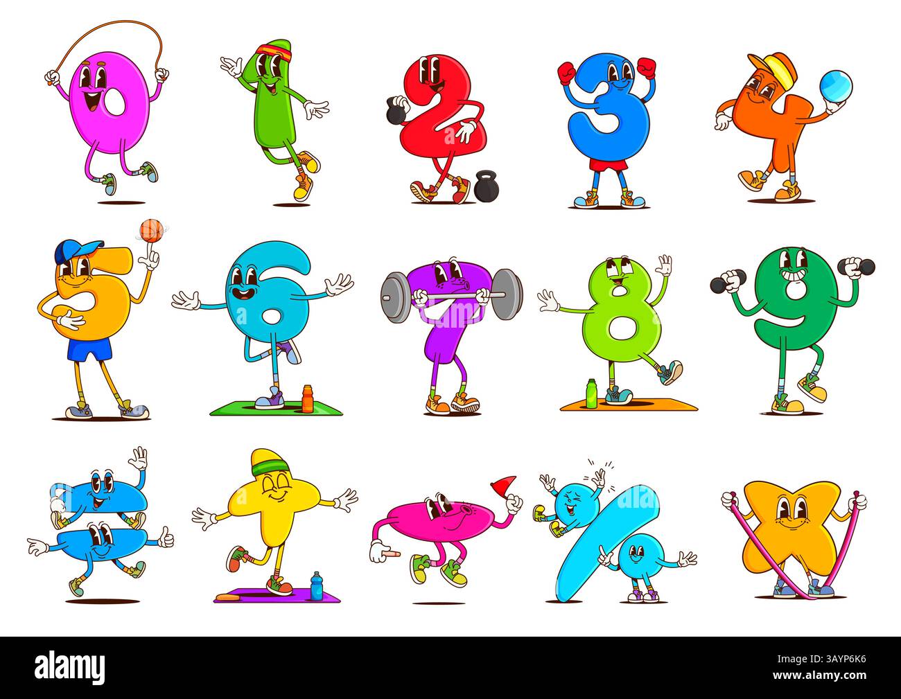 Math number and symbol groovy characters doing sport exercises and ...