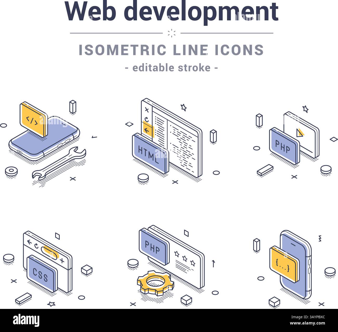 Set of isometric line icons representing web development concepts such as coding, HTML, PHP, and CSS. Ideal for digital design projects, infographics, Stock Vector