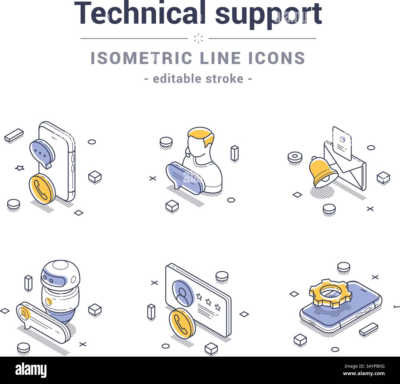 Isometric line icon set representing technical support services through various elements, including a smartphone, chat bubble, and user profile. It sh Stock Vector