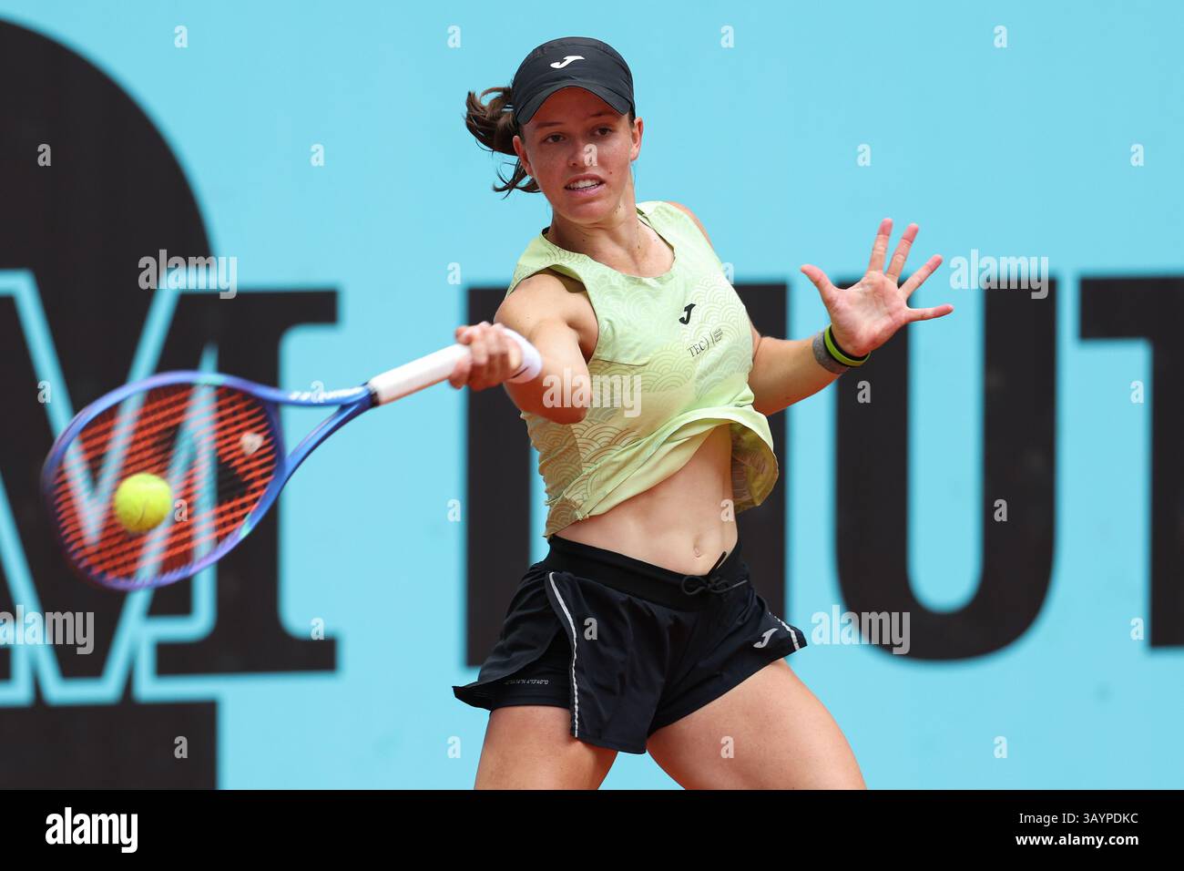 Kaitlin Quevedo of Spain in action against Anna Blinkova of Russia during the Mutua Madrid Open 2025, ATP Masters 1000 and WTA 1000, tennis tournament on 22 April 2025 at Caja Magica in Madrid, Spain Stock Photo