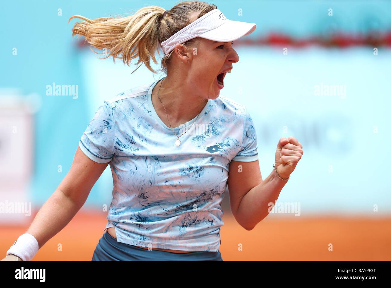 Anna Blinkova of Russia in action against Kaitlin Quevedo of Spain during the Mutua Madrid Open 2025, ATP Masters 1000 and WTA 1000, tennis tournament on 22 April 2025 at Caja Magica in Madrid, Spain Stock Photo