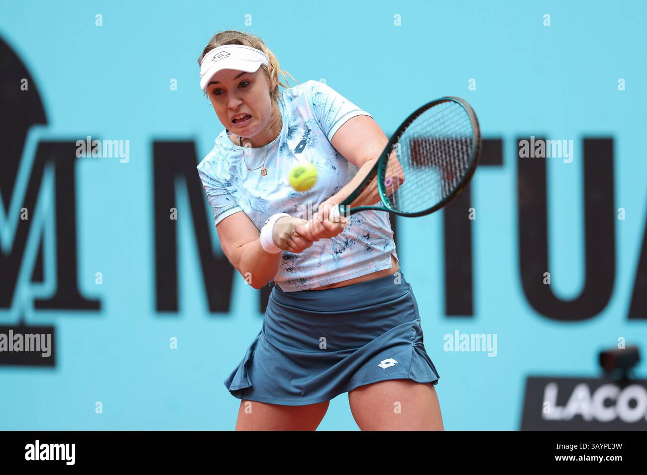 Anna Blinkova of Russia in action against Kaitlin Quevedo of Spain during the Mutua Madrid Open 2025, ATP Masters 1000 and WTA 1000, tennis tournament on 22 April 2025 at Caja Magica in Madrid, Spain Stock Photo