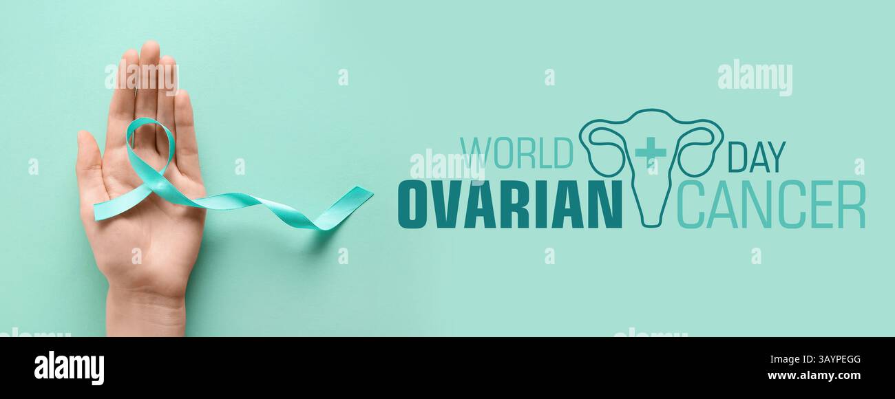 Female hand with awareness ribbon on teal background. World Ovarian ...
