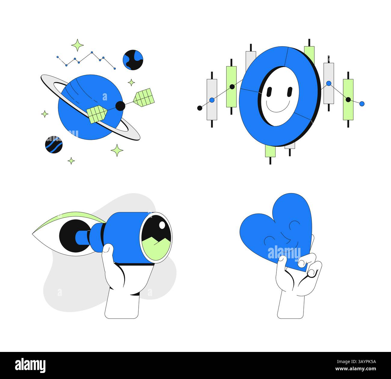 Exploration, insight and sentiment 2D onboarding ui illustrations set Stock Vector
