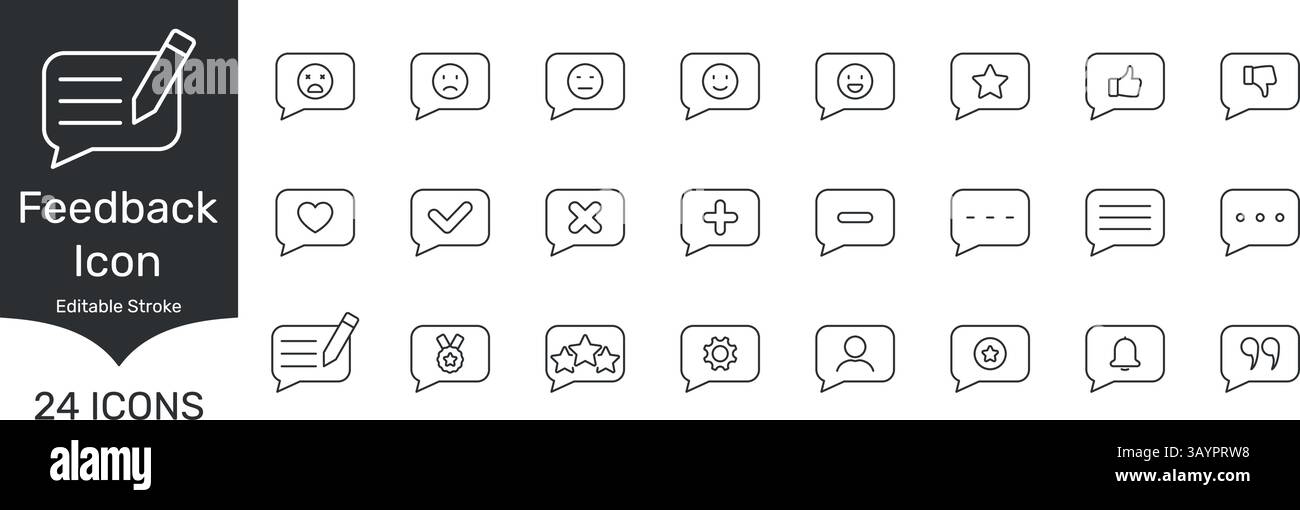 Feedback And Communication Icons Set. User Interaction, Rating, And Review Outline Symbol Collection. Editable Stroke. Isolated Vector Illustration Stock Vector