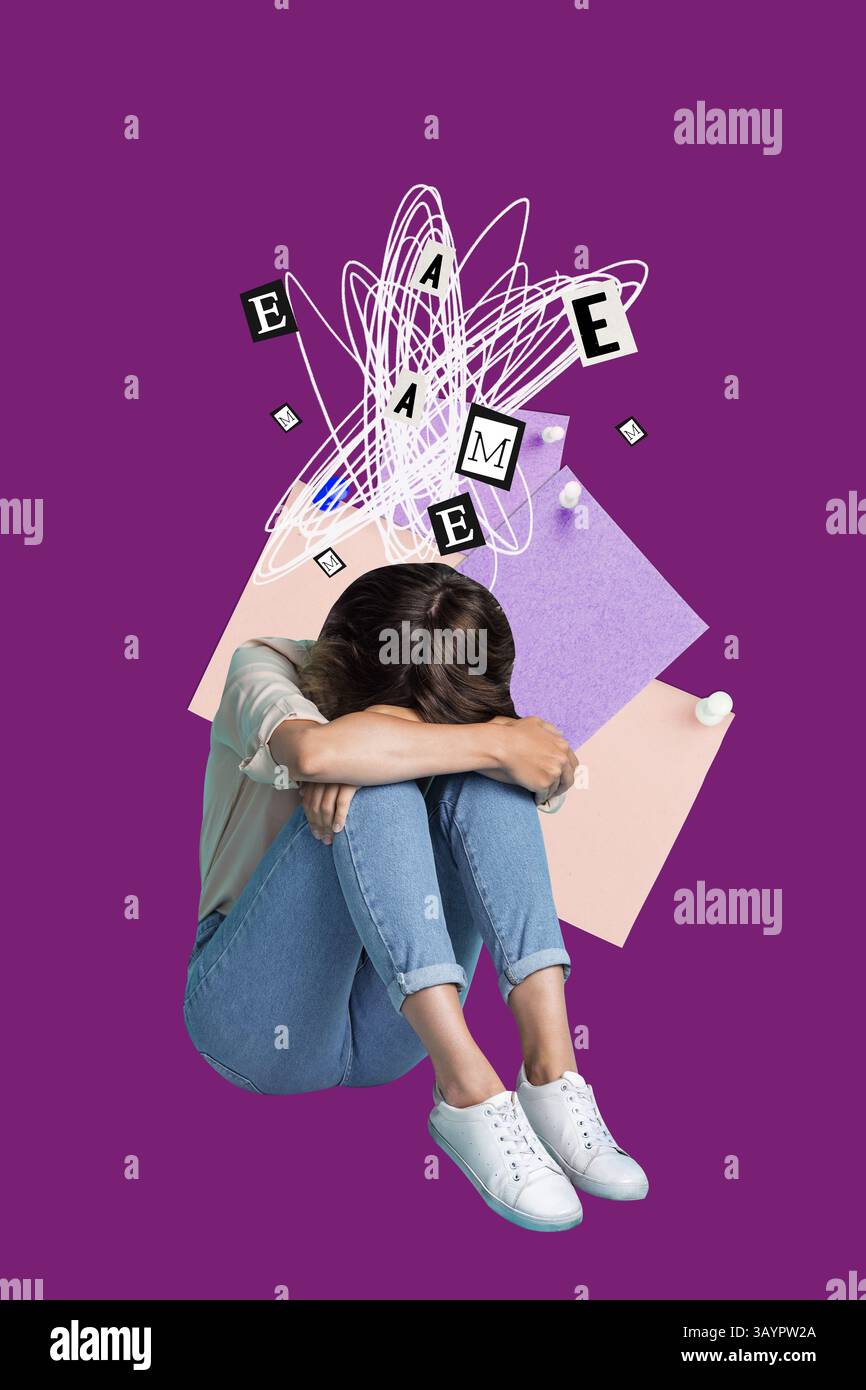 Trend collage of person having alphabet letters chaos on purple ...