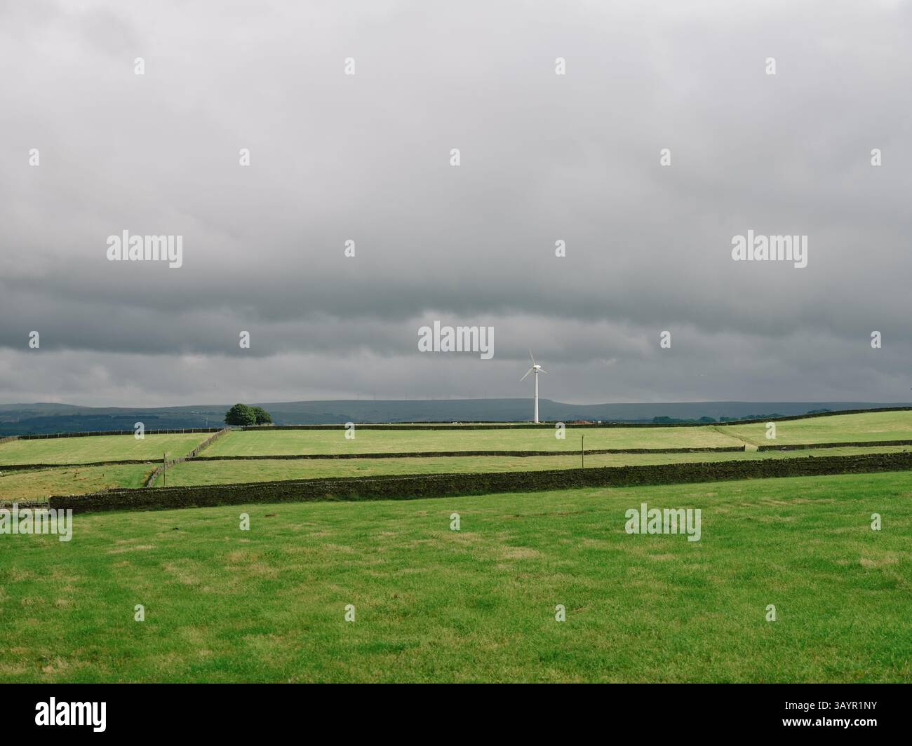 A lone single white wind turbine in the empty green grass field and dry ...
