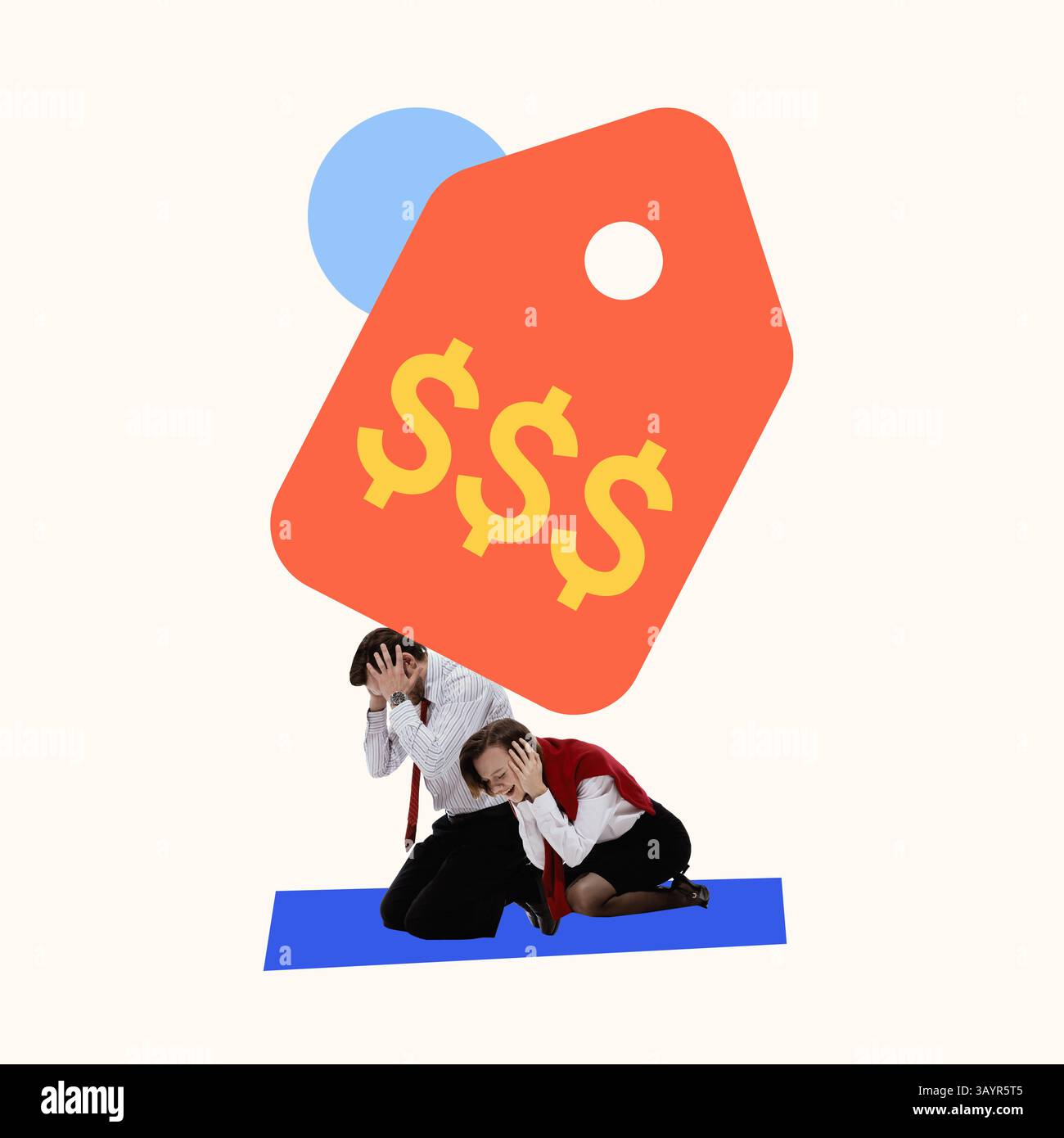 Contemporary art collage. Man and woman kneel under oversized price tag ...