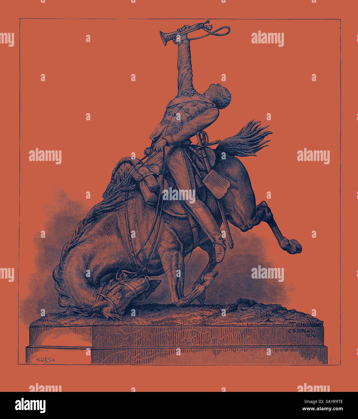 A soldier triumphantly raises a trumpet while riding a rearing horse, embodying a sense of victory and bravado. The dynamic pose captures the energy of the moment, set against a contrasting background that enhances the dramatic effect. The Last Call. In the Exhibition of the Royal Academy 1879  Classic art with a modern twist reimagined by Artotop Stock Photo