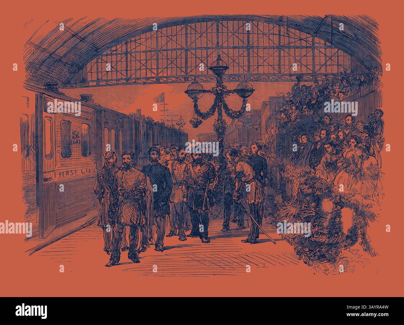 Train In 1867 A bustling train station scene filled with elegantly dressed passengers ...