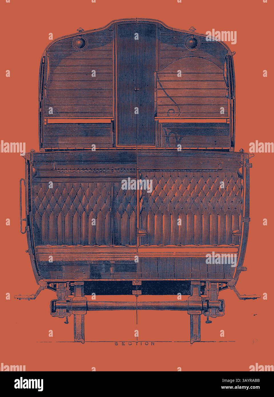 A vintage train carriage design featuring intricate details of its interior layout, showcasing the seating arrangements and structural elements, all set against a bold background. The Paris International Exhibition: Section of Double-Storied Carriage on the Eastern of France Railway 1867  Classic art with a modern twist reimagined by Artotop Stock Photo