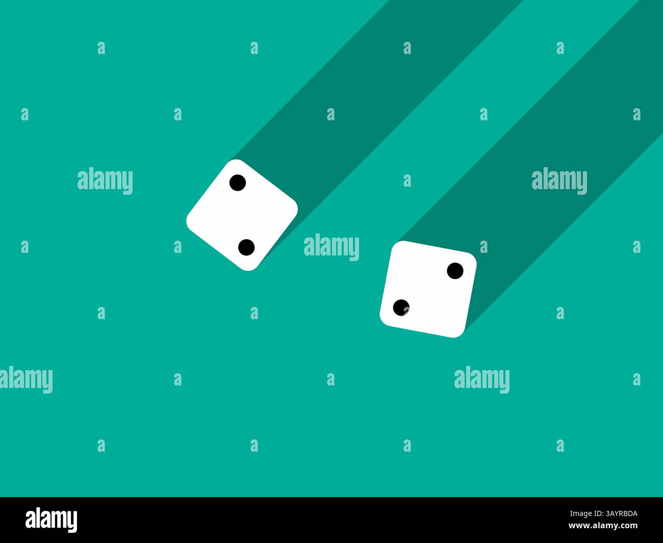 A pair of dice with numbers 2 and 2. Craps dice pair on a green table with a long shadow, top view. Casino dice game. Design for applications, banners Stock Vector