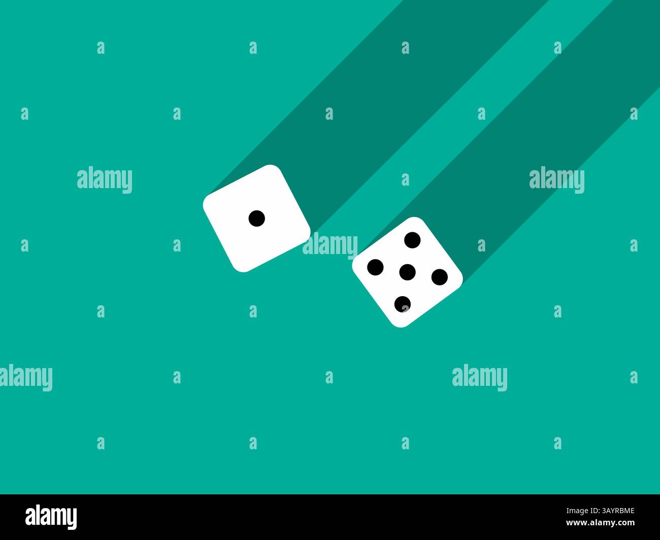 A pair of dice with numbers 1 and 5. Craps dice pair on a green table with a long shadow, top view. Casino dice game. Design for applications, banners Stock Vector