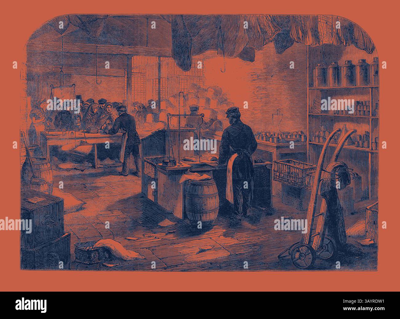 A bustling scene in a historical kitchen or food preparation space ...
