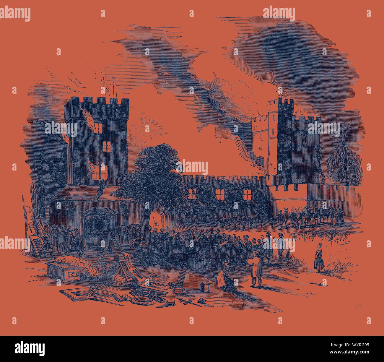 A historical scene depicting a castle under siege, with flames rising ...