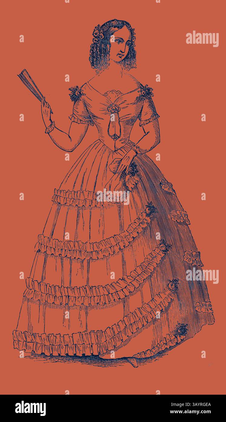 Fan As Ruffles A elegantly dressed woman holds a fan, adorned in a lavish gown with ...