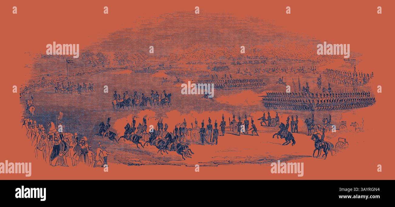 A large historical military scene depicts soldiers in formation, cavalry units, and a dramatic landscape, showcasing a moment of intense preparation or engagement in battle. Grand Review, Phoenix Park, Dublin  Classic art with a modern twist reimagined by Artotop Stock Photo