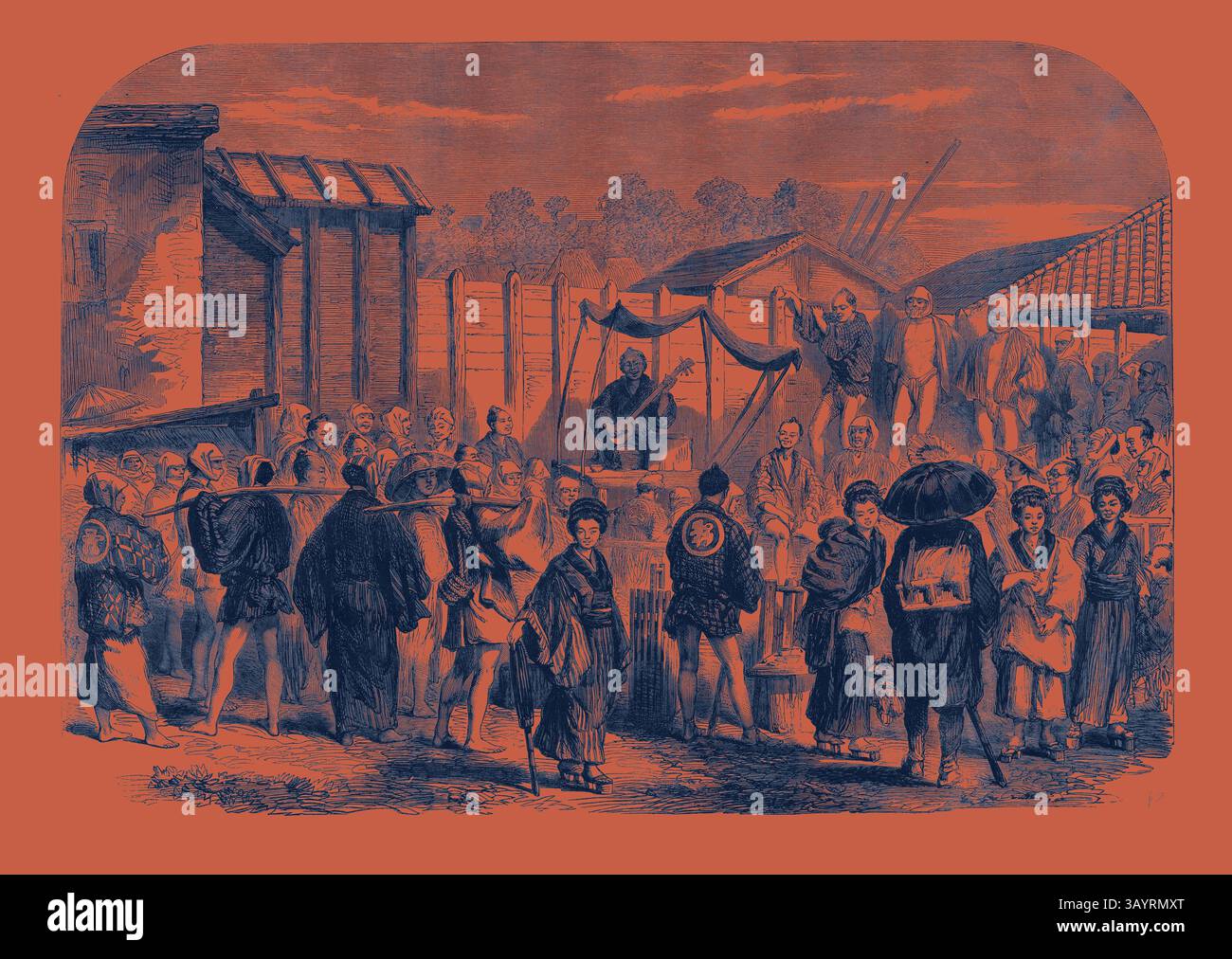 A gathering of people in traditional attire surrounds a central figure, amidst a backdrop of buildings and structures, showcasing a blend of cultural elements and social interactions from a historical setting. Sketches in Japan: The Storyteller (a Daily Scene) in Yokuhama  Classic art with a modern twist reimagined by Artotop Stock Photo