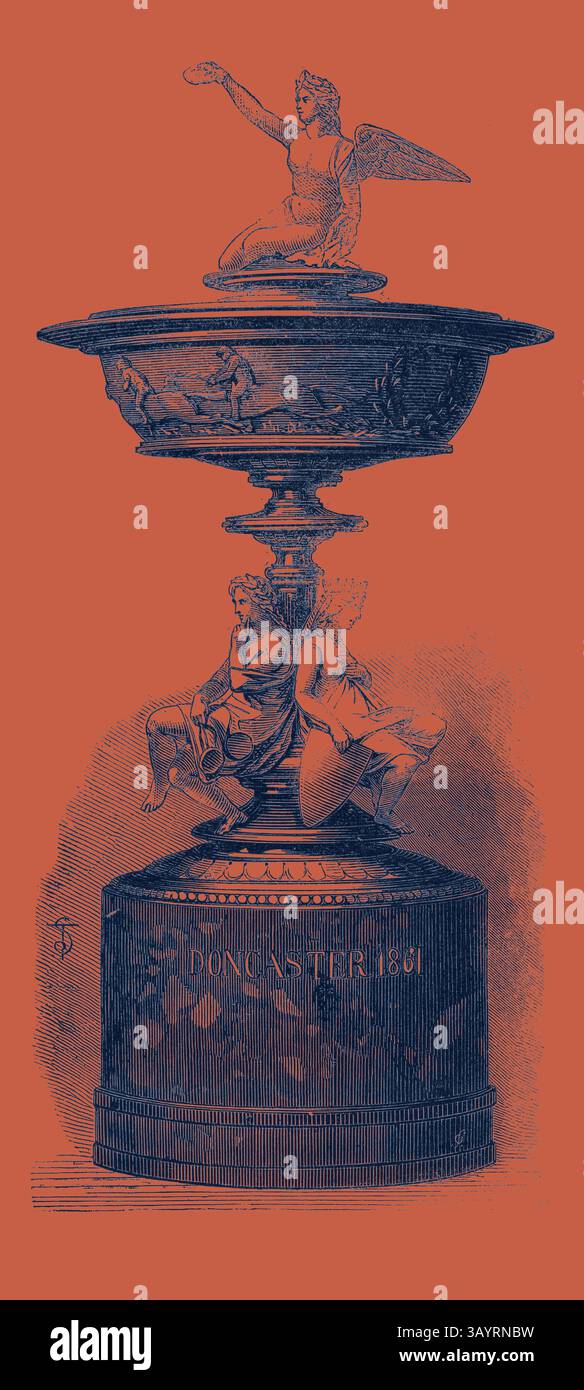 An ornate trophy features intricate carvings and a central depiction of winged figures, symbolizing victory and achievement. At the top, an ethereal figure with wings gracefully stands, adding an element of elegance to the design. The base is adorned with sculptures showcasing dynamic poses, showcasing artistic craftsmanship. The Doncaster Cup  Classic art with a modern twist reimagined by Artotop Stock Photo