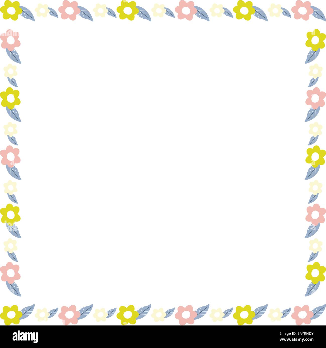 Spring meadow frame. Rectangle frame with flowers. Cute daisy empty frame box. Hand drawn vector illustration isolated on white background Stock Vector