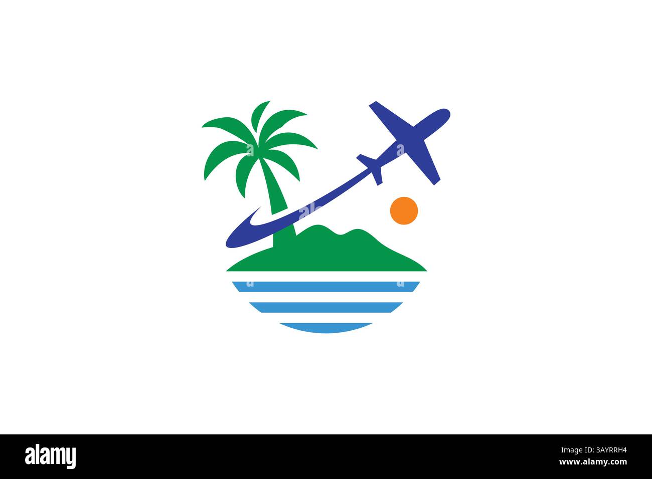 Creative Tropical Travel Agency Logo Featuring Palm Trees, Sun, and Airplane Stock Vector