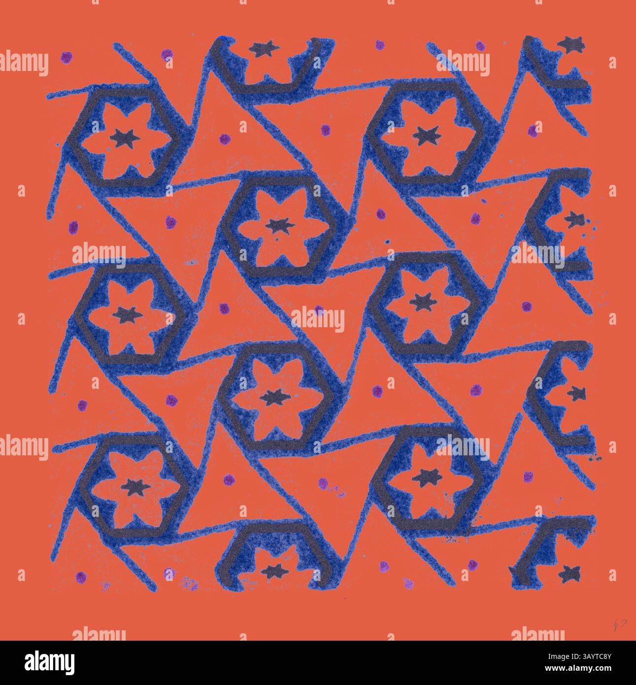 A vibrant pattern features intricate blue shapes resembling flowers and ...