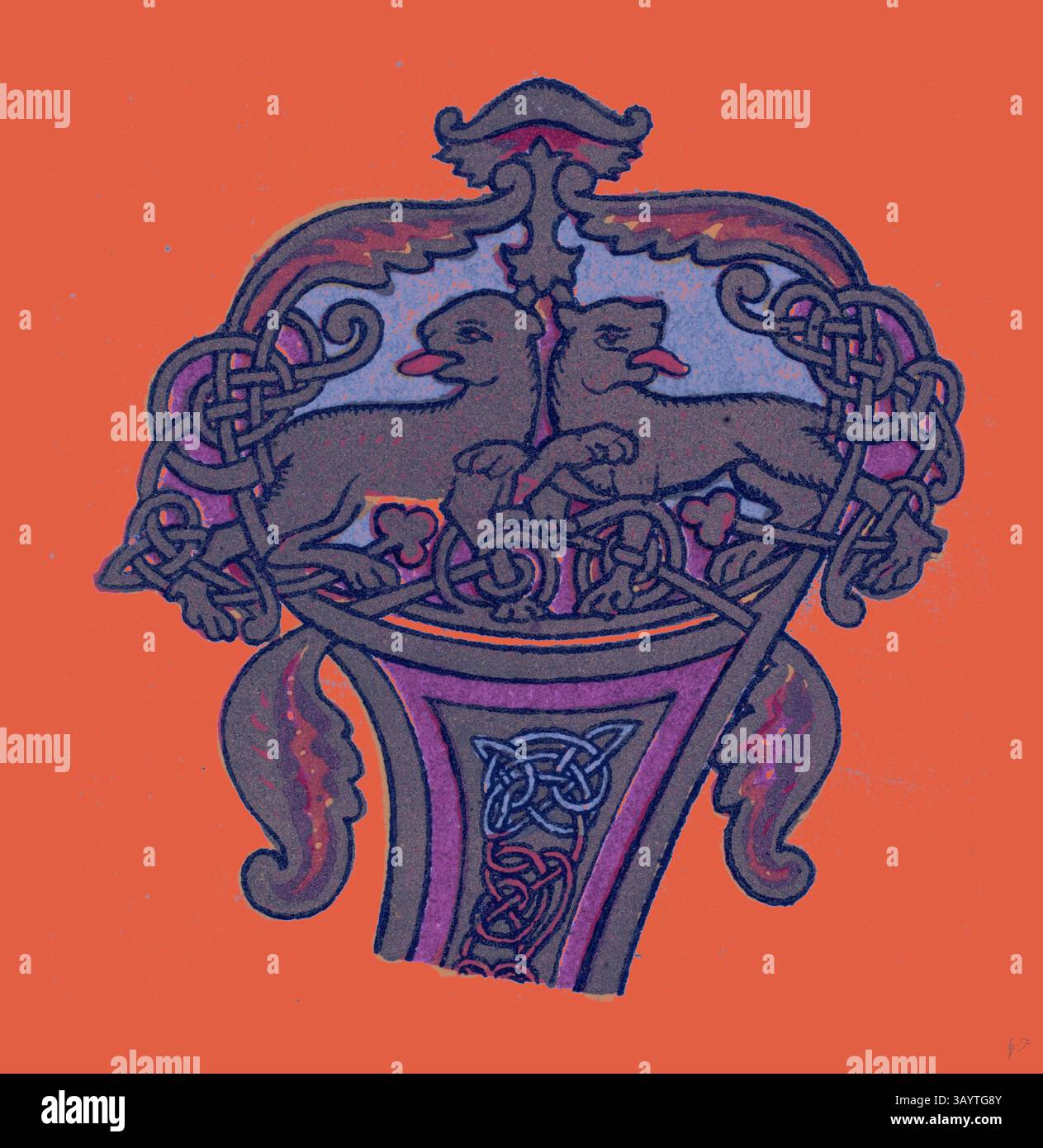 An intricately designed heraldic motif featuring two lions entwined on a shield adorned with ornate patterns and vibrant colors, symbolizing strength and nobility. Celtic Ornament  Classic art with a modern twist reimagined by Artotop Stock Photo