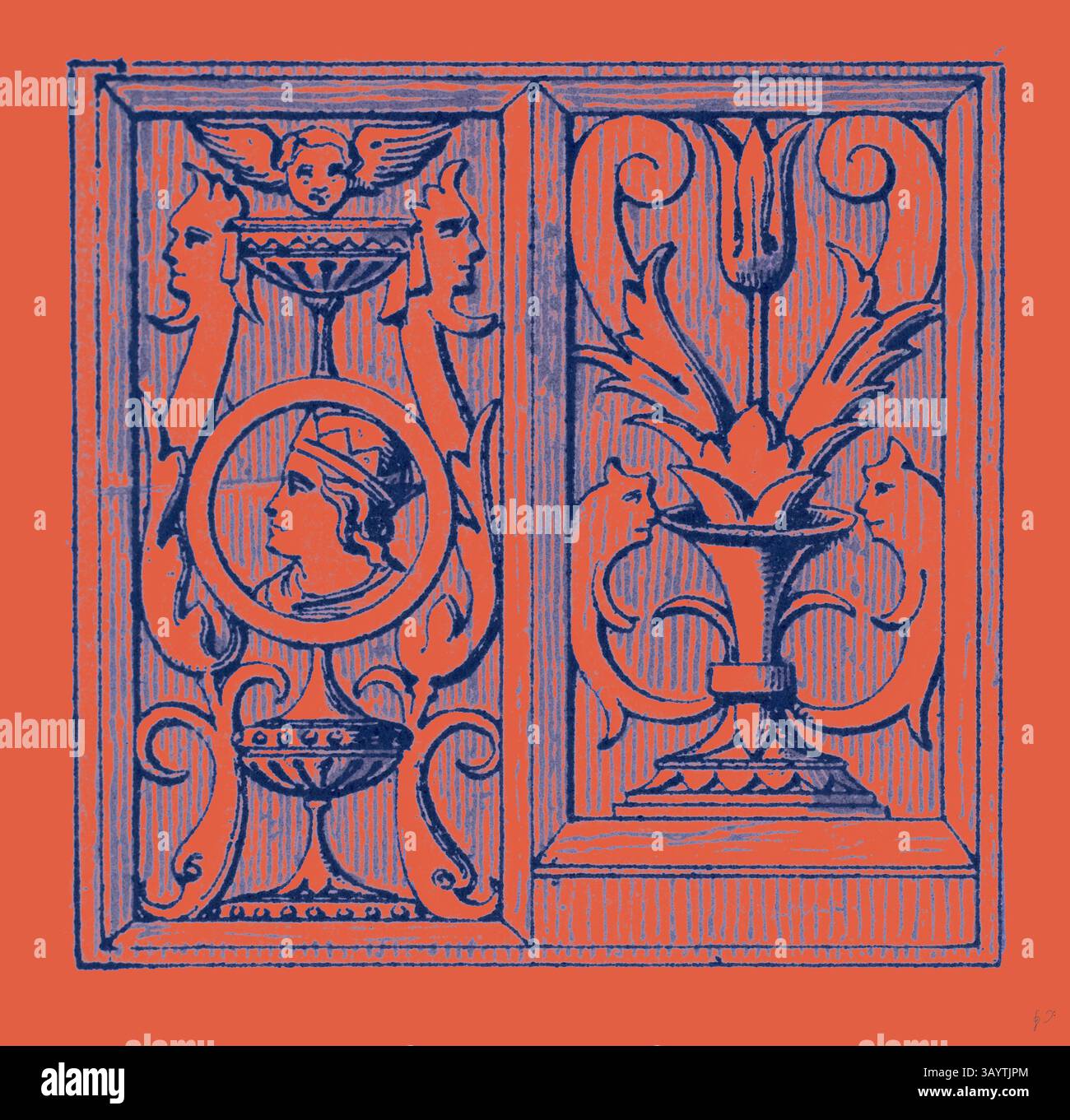 A bold design featuring intricate patterns, including stylized faces, floral motifs, and classical elements, all framed in a striking contrasting color. Renaissance Ornament  Classic art with a modern twist reimagined by Artotop Stock Photo