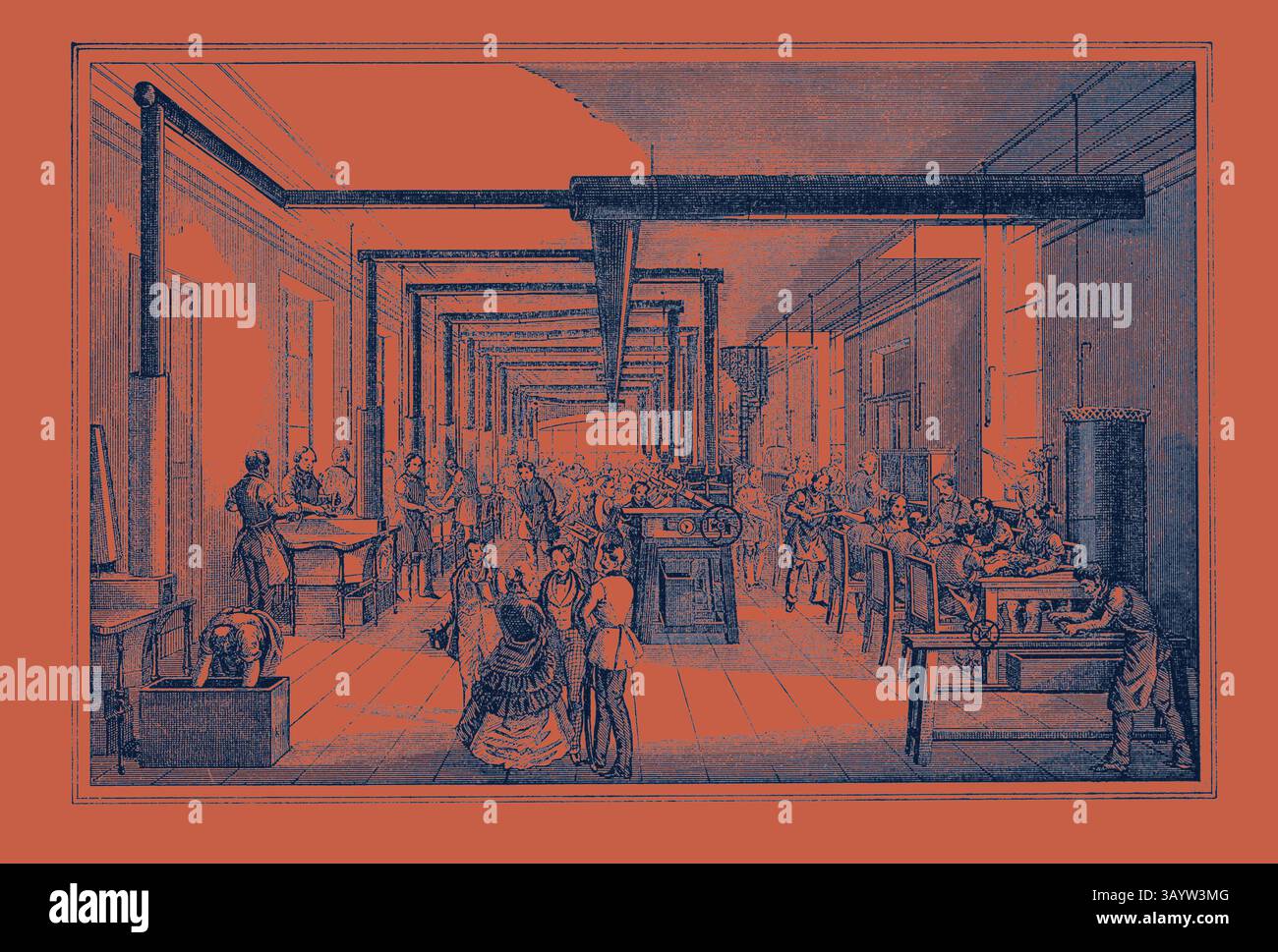 A bustling industrial workshop filled with workers engaged in various ...