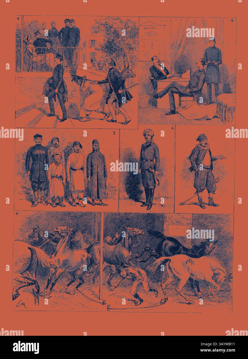 A series of illustrated scenes depicting various characters in historical dress, showcasing interactions that hint at social dynamics and cultural contexts of the time. Each panel captures a distinct moment, blending humor and observation in a narrative form. Experiences of a British Officer of the Gendarmerie in Egypt, Engraving 1884  Classic art with a modern twist reimagined by Artotop Stock Photo