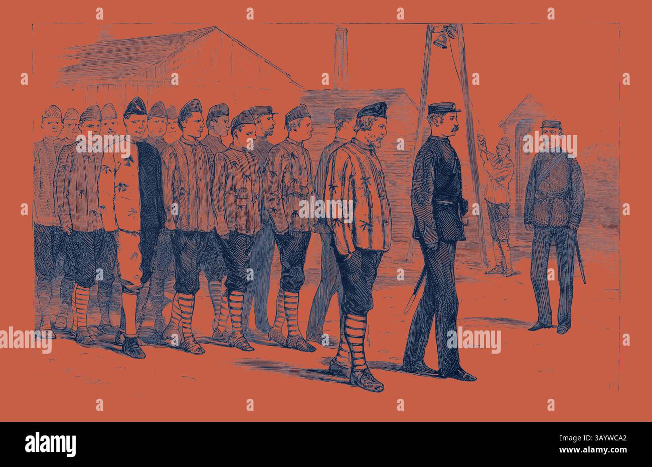 A line of individuals in striped uniforms stands attentively, under the watchful gaze of officers in darker attire. The setting suggests a historical context, with buildings in the background and a sense of discipline and authority pervading the scene. The Claimant with Other Convicts Leaving the Joiners' Shop, Engraving 1884, UK, Britain, British, Europe, United Kingdom, Great Britain, European, Portsmouth Convict Prison  Classic art with a modern twist reimagined by Artotop Stock Photo