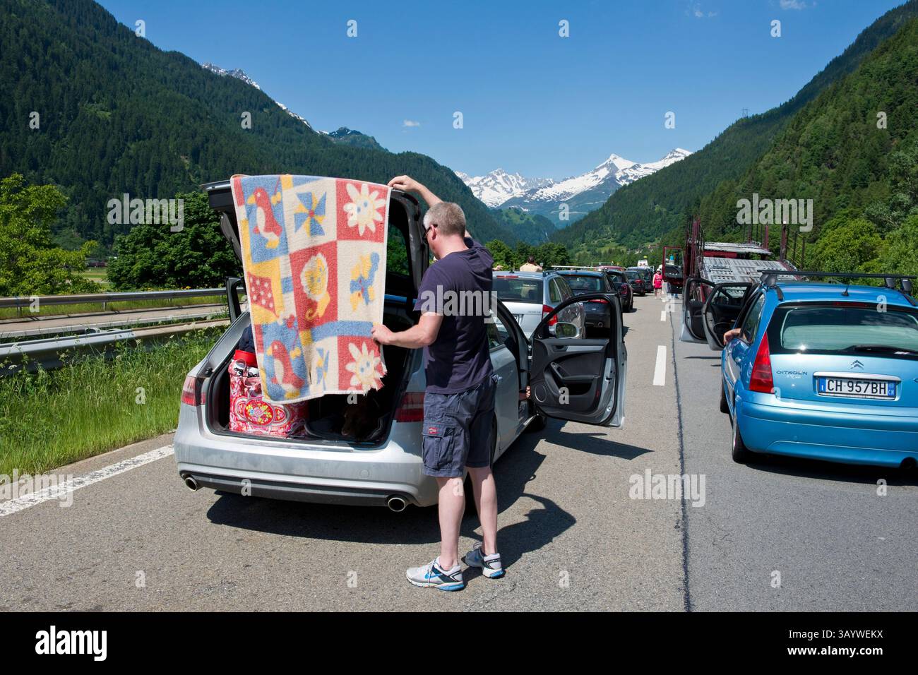 Switzerland, Gotthard highway, traffic jam Stock Photo - Alamy