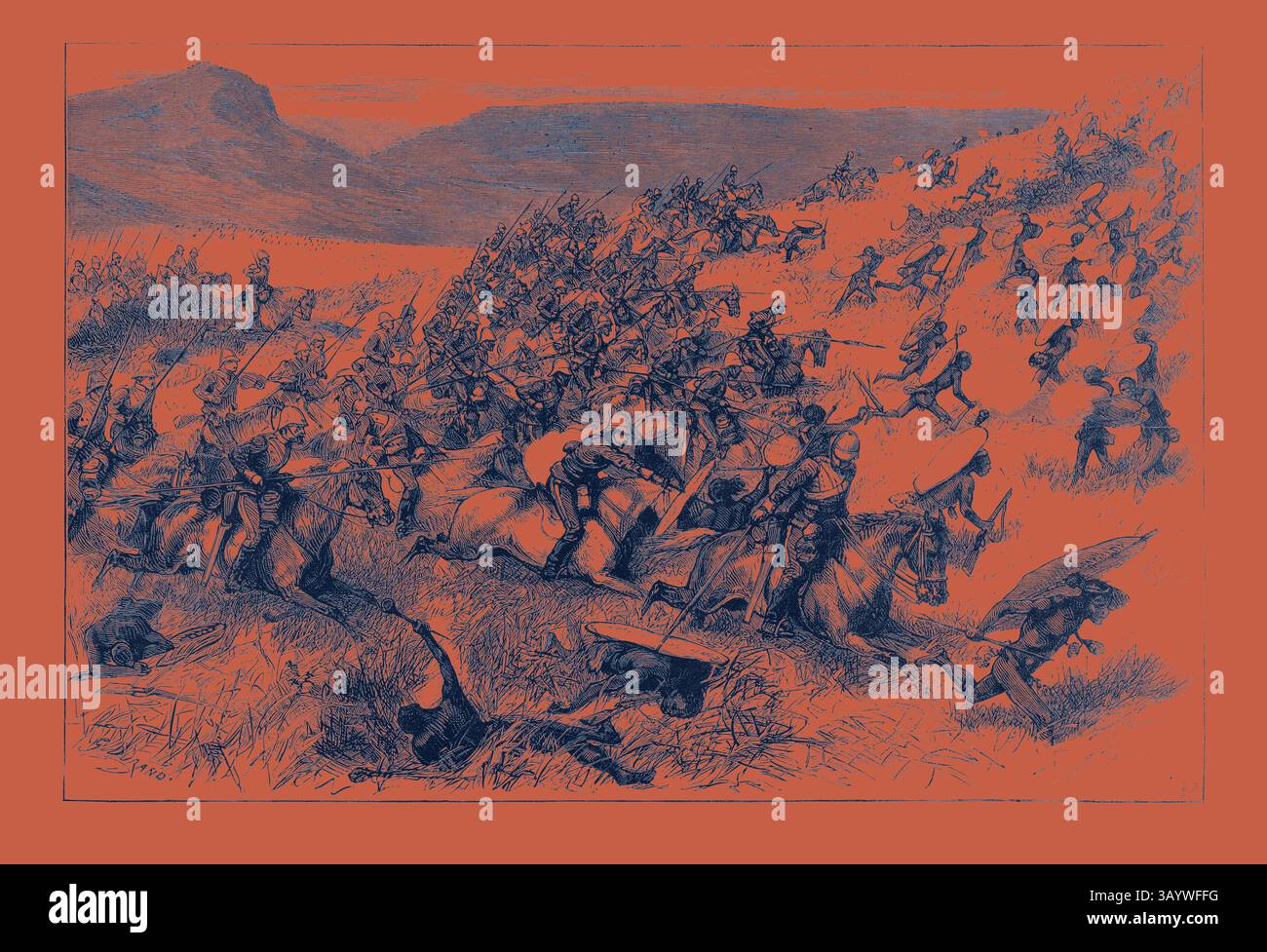 An intense battle scene depicting cavalry charging up a hill, with soldiers engaged in fierce combat. The backdrop features distant hills and a chaotic atmosphere, conveying the urgency and turmoil of the conflict. The Zulu War - Charge of the Seventeenth Lancers at the Battle of Ulundi, Engraving 1879  Classic art with a modern twist reimagined by Artotop Stock Photo