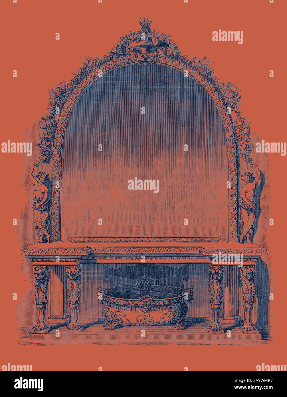 An intricately designed mirror frame adorned with floral motifs and cherubic figures, set above an elegant, ornate basin, combining classical elements with a striking color contrast. Sideboard  Classic art with a modern twist reimagined by Artotop Stock Photo