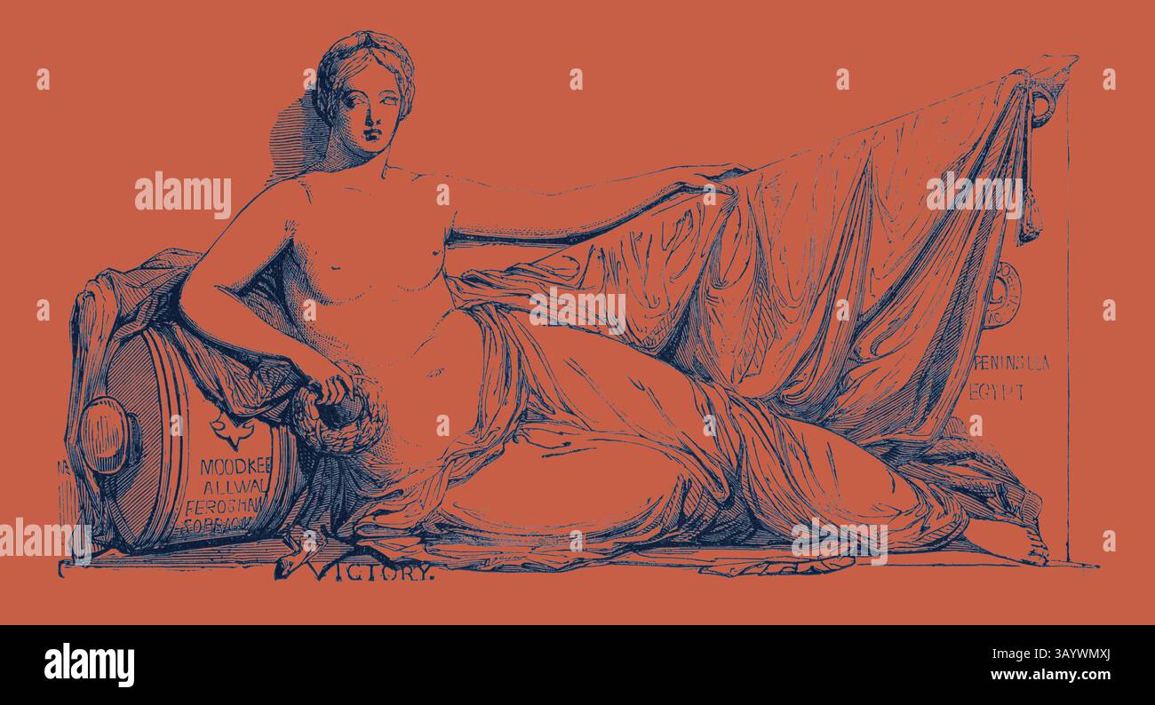 A classical figure reclines gracefully amidst flowing drapery, holding a shield, embodying themes of victory and strength, with inscriptions hinting at historical significance. Victory  Classic art with a modern twist reimagined by Artotop Stock Photo