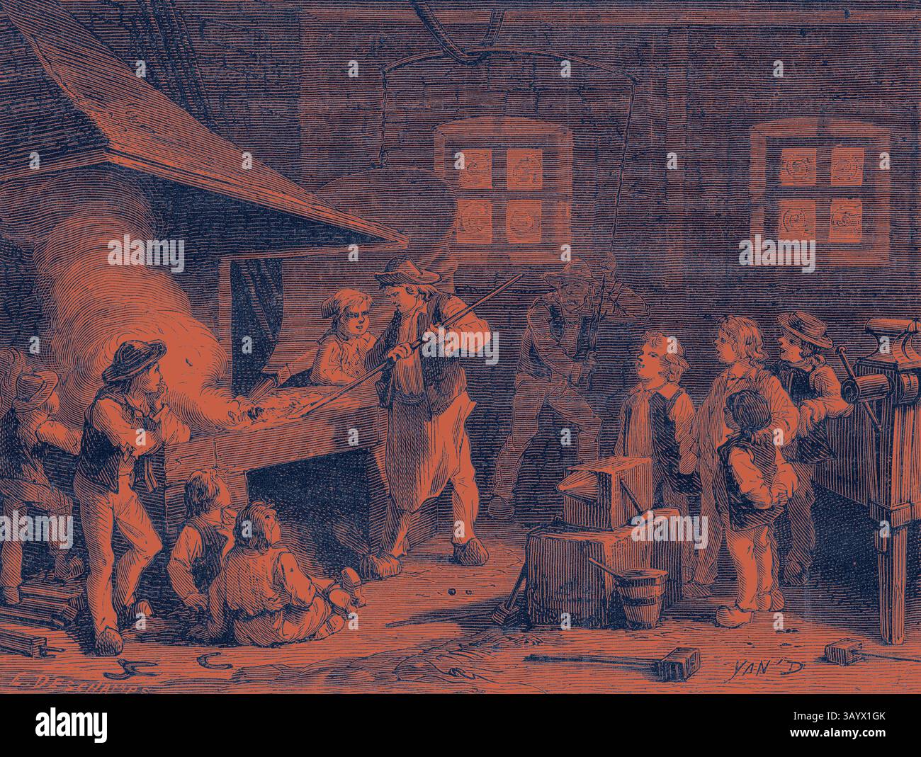 A bustling workshop scene captures craftsmen at work, with one figure ...