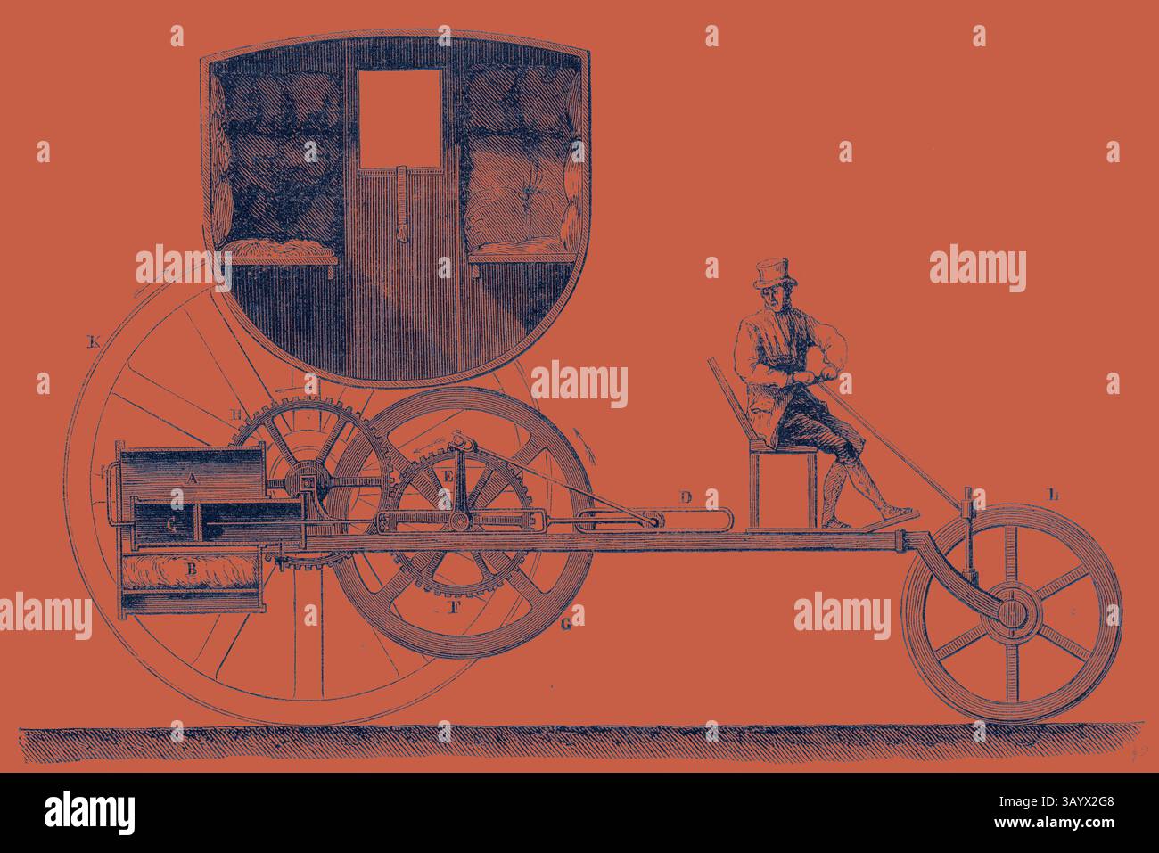 An illustration of an early automobile design, featuring a carriage ...